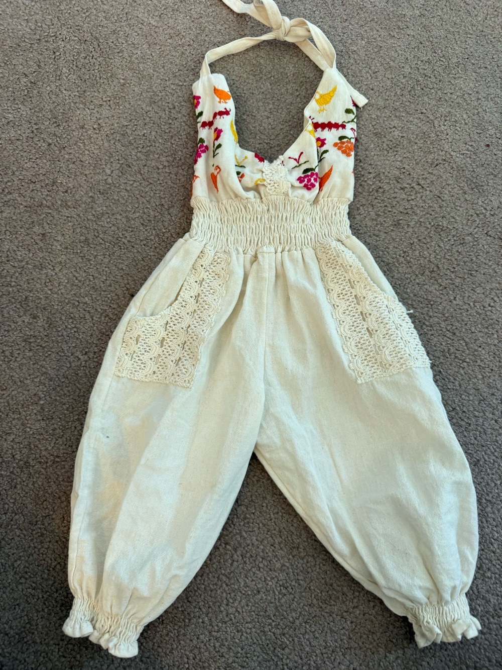 Cream Embroidered Halter Jumpsuit